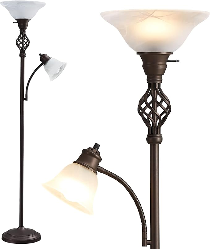 GyroVu Torchiere Floor Lamp for Living Room, LED Standing Reading Light for Bedroom with Glass Shade for Living Room Corner Bedroom Home Office,Bulbs Included (Red Brown,Glass 2 Head)