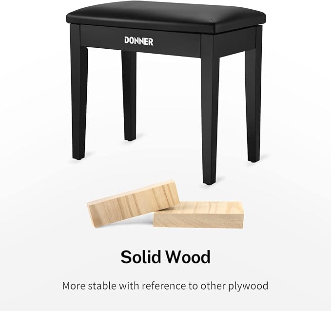 Donner Piano Bench with Storage, Solid Wood Keyboard Bench Piano Bookcase Stool Chair Seat with High-Density Sponges Pad, Black