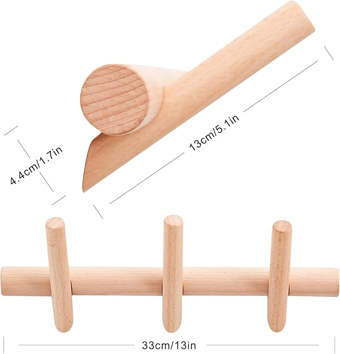 Wood Coat Hooks Wall Mounted Hat Rack Tower Hanger Wall Hooks Decorative Hanger with Pegs Entryway Bedroom Bathroom（Beech Wood，3 Hooks）