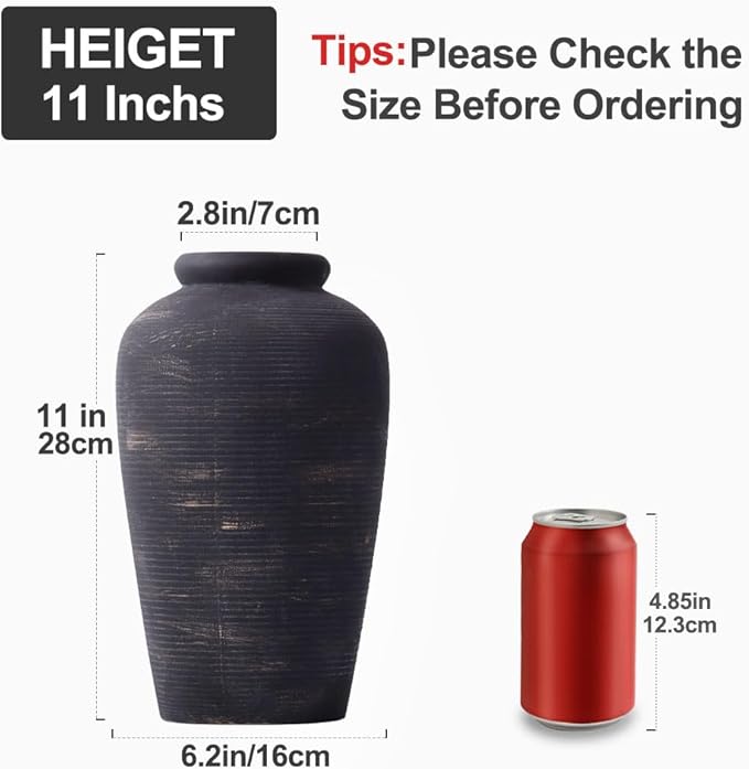 Large Black Vase - 11" Tall Rustic Farmhouse Vase, Black Ceramic Vintage Decorative Vase for Dining Table, Shelf, Bedroom, Living Room, Kitchen, Office, Bathroom, Mantle, Centerpiece Décor