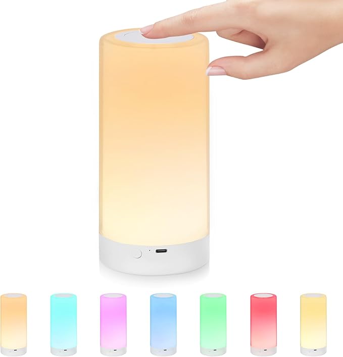 Table Lamp, Touch Sensor Bedside Lamps, Dimmable Warm White Light & Color Changing RGB for Kids Room, Bedroom, Living Room, Camping Use