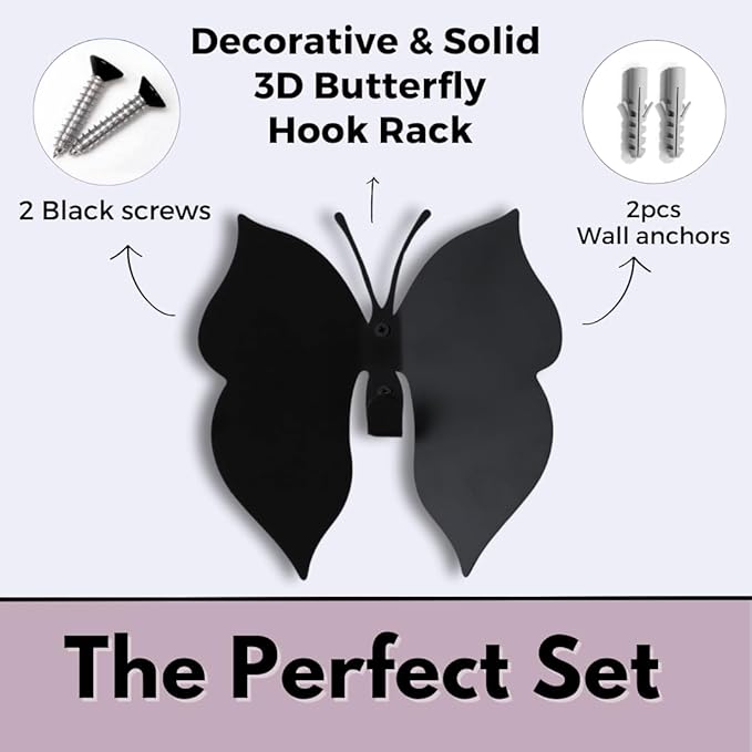 Black Metal Butterfly Wall Hook – Dimensional 3D Design with Angled Wings – Heavy-Duty Decorative Hanger for Nursery, Kids Room & Bathroom Towels