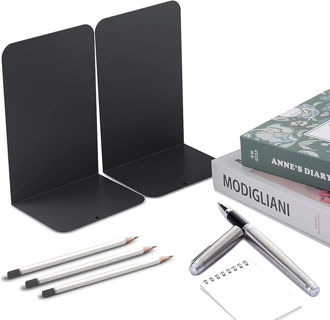 MSDADA Black Metal Bookends (8pcs, 4 pairs) for Book Shelves, Office, Heavy Books, Modern Minimalist Style