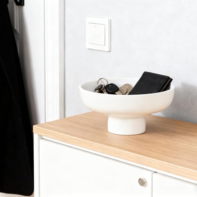 Matte White Pedestal Bowl, 9.85in Resin Decorative Centerpiece for Coffee Table, Dining Table & Entryway, Modern Fruit Bowl, Key Catchall for Home Decor