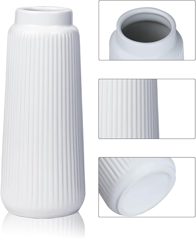 Matte White Ribbed Ceramic Vase – Modern Elegant Flower Vase for Pampas Grass, Fresh or Dried Flowers, Minimalist Farmhouse Home Decor for Living Room, Dining Table, Wedding Centerpiece