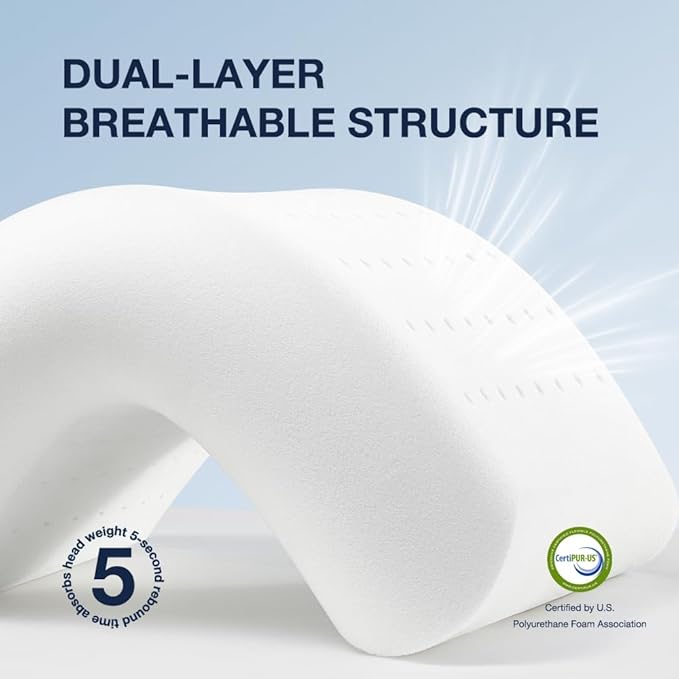Huhu Sleep Cooling Pillow 5 inchs for Back andd Side Sleeper, Advanced Memory Foam Pillows with Cooler Case but no Firm Layer, 16x24x5 inchs