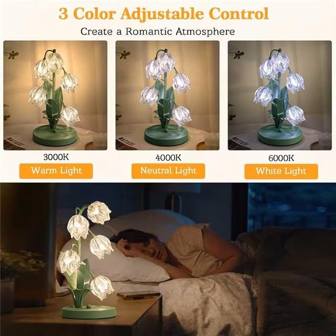 Glass Flower Table Lamp,5 Lily of The Valley Bedside Lamps,3 Color Modes Desk Lamp with G4 Led Bulbs for Home,Living Room,Bedroom,Night Stands,Decor