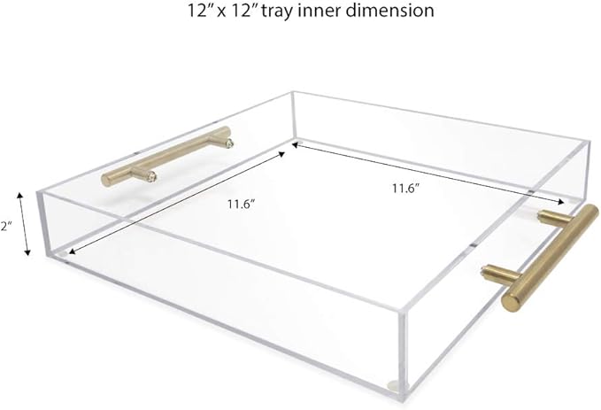 Isaac Jacobs Clear Acrylic Serving Tray (12x12) with Gold Metal Handles, Spill-Proof, Stackable Organizer, Food & Drinks Server, Indoors/Outdoors, Lucite Storage Décor (12x12, Clear with Gold Handle)