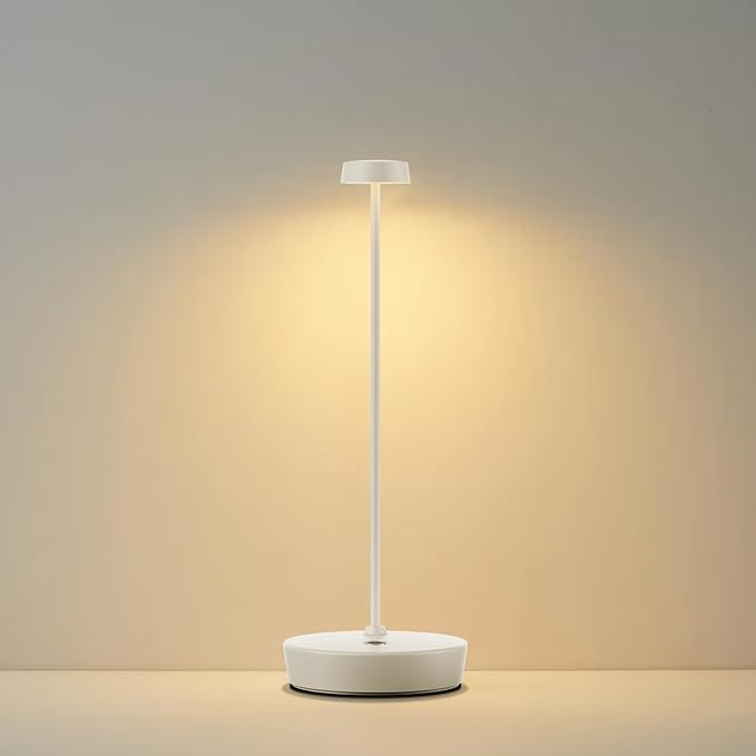 Cordless LED Table Lamp，Rechargeable Battery Desk Lamps, 3 Color Stepless Dimmable Metal Battery Table Lamps, Portable Waterproof Table Light for Restaurants/Bedroom/Bar (White)