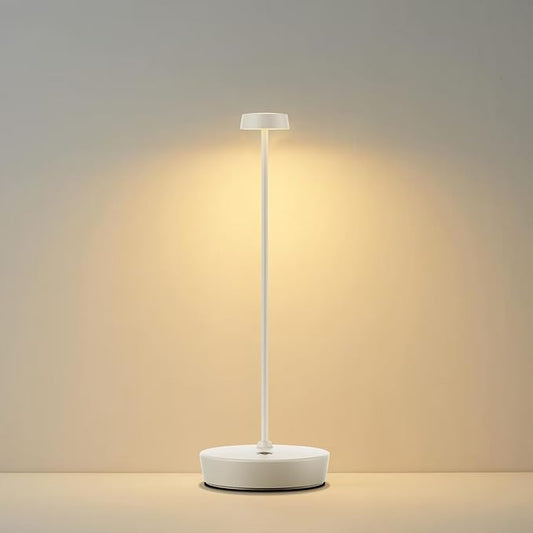 Cordless LED Table Lamp，Rechargeable Battery Desk Lamps, 3 Color Stepless Dimmable Metal Battery Table Lamps, Portable Waterproof Table Light for Restaurants/Bedroom/Bar (White)