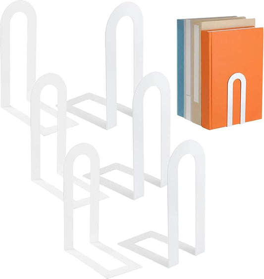 Chunful 6 Pcs Modern Metal Book Ends for Shelves Decorative Small Bookends Book Shelf Organizer Minimalist Design Stopper to Hold Books for Home Office (5.5 * 3.75 * 2.25inch,White)
