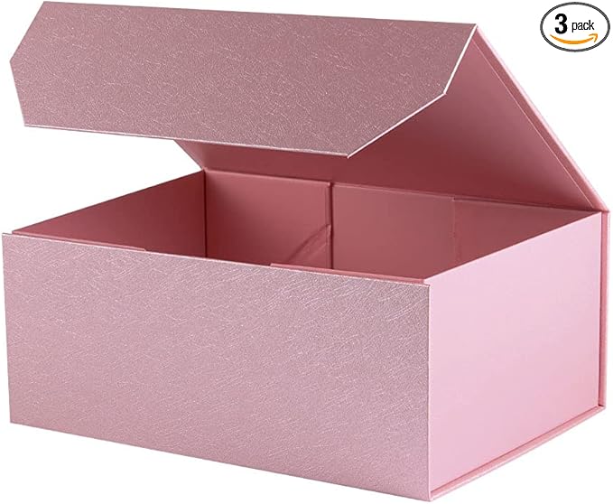 Upgrade 3PCS Pink Gift Box 9.5x7x4 Inches, Sturdy Gift Box with Lid for Gift Packaging, Foldable Magnetic Closure Storage Boxes, Bridesmaid proposal box, Rectangle Collapsible Box