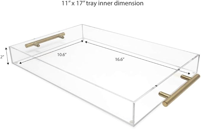 Isaac Jacobs Clear Acrylic Serving Tray (11x17) with Gold Metal Handles, Spill-Proof, Stackable Organizer, Food & Drinks Server, Indoors/Outdoors, Lucite Storage Décor (11x17, Clear with Gold Handle)