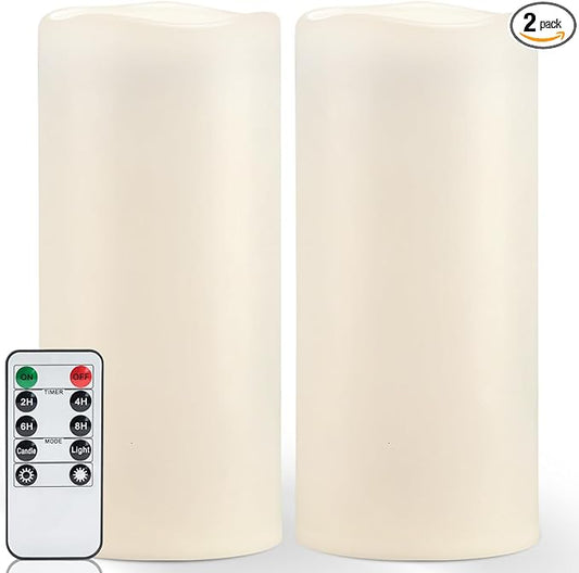 Homemory 12" x 5" Large Waterproof Outdoor Flameless Candles with Remote Control and Timer, Battery Operated Flickering LED Pillar Candles for Outdoor Larterns, Porch, Long Lasting, Set of 2
