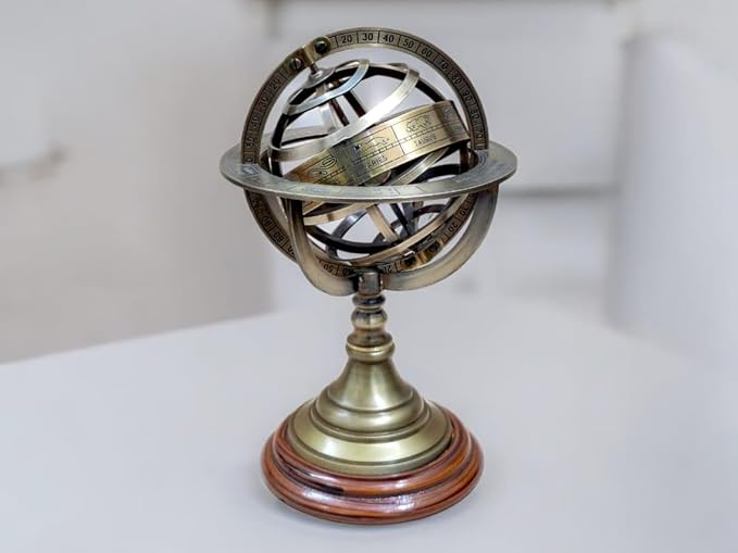 Antique Vintage Zodiac Armillary Decorative Globe with Wooden Base - 5 Inch Brass Sphere World Globe Zodiac Engraved Celestial, Antique Ship Decor