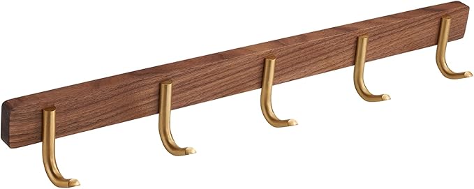 Wall Mounted Coat Rack, Entryway Hanging Rack with Rustic Hooks for Coat, Scarf, Bag, Towel, Key, Cap, Hat - Walnut Gold Matt (5 Hooks - J Shape)