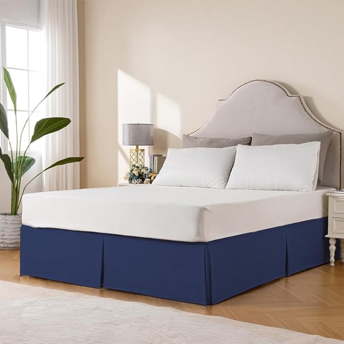 MIYE Pleated Waffle Weave Bed Skirt, Tailored Dust Ruffle 18 Inch Drop Easy Fit, Machine Washable (Navy Blue, Queen - 18" Drop)
