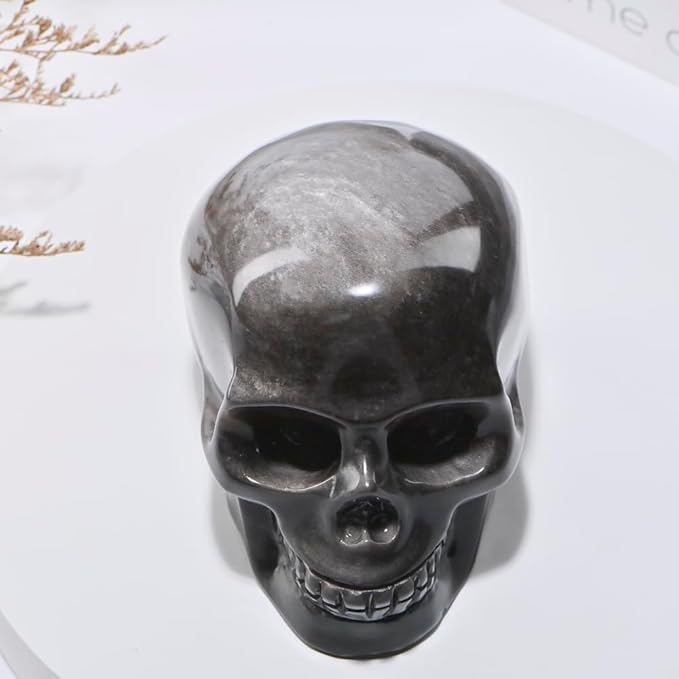 5''Natural Silverstone Obsidian Crystal Skull Head Hand Carved Reiki Healing Stone Statue Healing Home Office Art Room Decoration