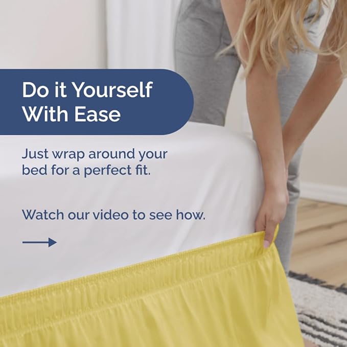 Wrap Around Dust Ruffle Bed Skirt - Yellow - for Full Size Beds with 18 Inch Drop - Easy Fit Elastic Strap - Adjustable Pleated Bedskirt w/Brushed Fabric - Wrinkle Free - for Women, Men, Kids & Teens