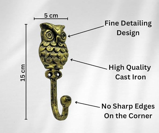 Set of 3 Cast Iron OWL Shape Coat Hooks Wall Art Decor-OWL Shape Hangers and Key Holder-Clothes Rack and Backpack Hanger-Coat Hooks Home Decor for Storage,Living Room (Brass Antique)