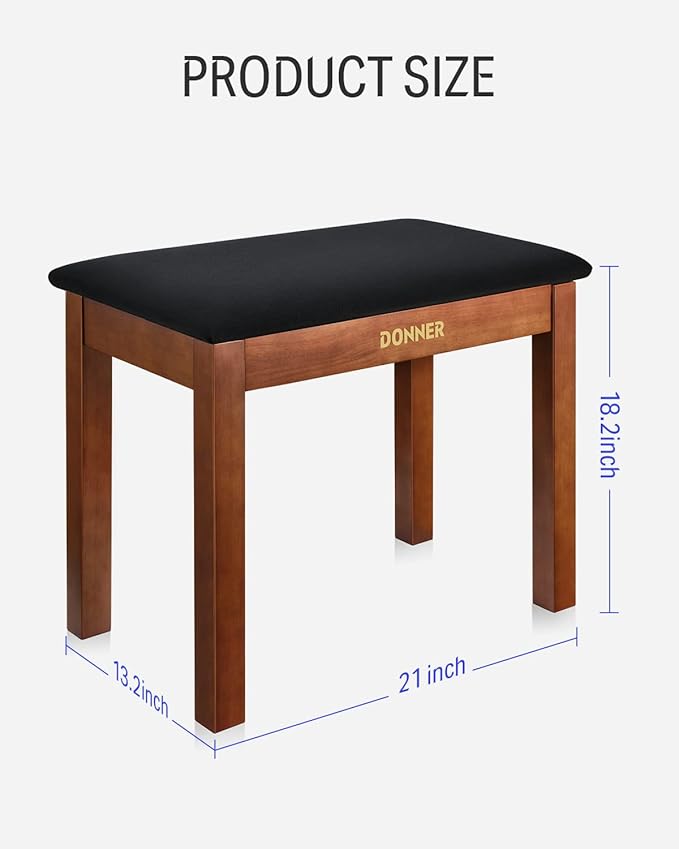 Donner Piano Bench with Storage, Solid Wood Keyboard Bench Piano Bookcase Stool Chair Seat with High-Density Suede Cushion, Brown