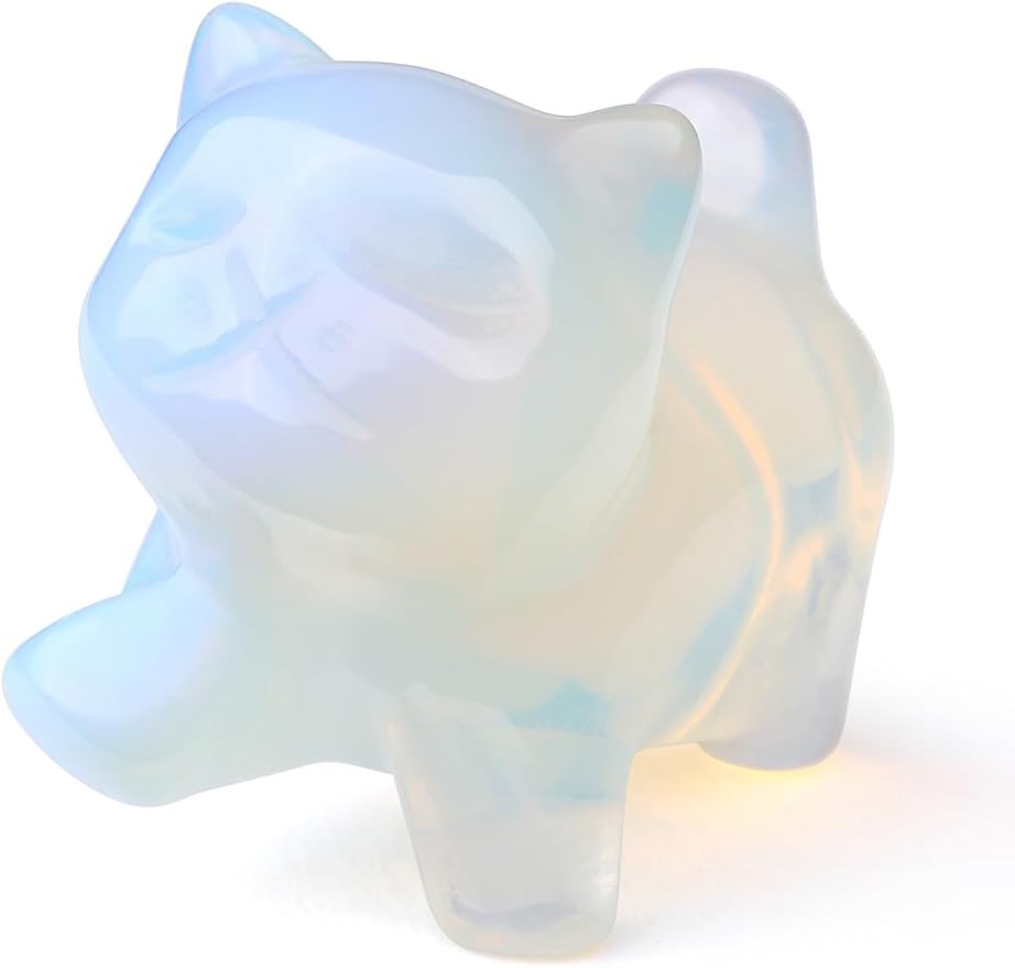 Jovivi Opalite Crystal Cat Statue Home Decor Carved Gemstone Cats Figurine Collectibles Pocket Sculpture Pet Memorial Decorative Ornament Gift for Cat Lovers
