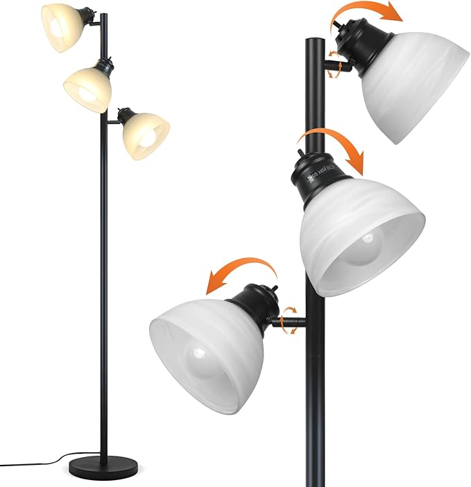 DMBOSS 63" Modern 3-Head Adjustable Floor Lamp, Standing Lamp with Glass Shades for Living Room, Bedroom & Office,3x9W E26 LED Bulbs Included, Weighted Base