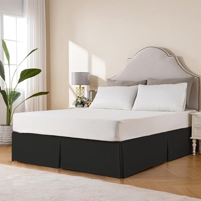 MIYE Pleated Waffle Weave Bed Skirt, Tailored Dust Ruffle 18 Inch Drop Easy Fit, Machine Washable (Black, Queen - 18" Drop)