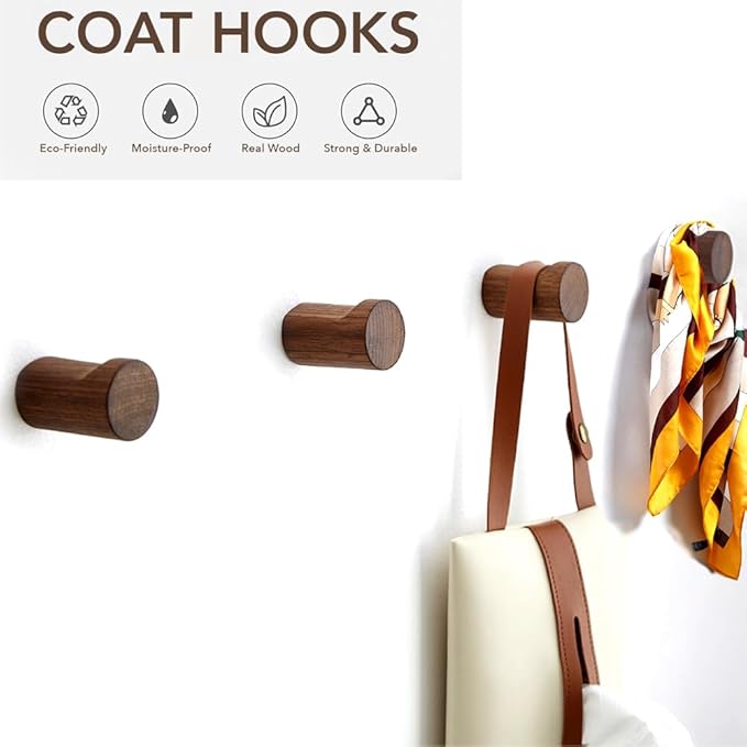 Wood Wall Hooks 4 Pack Natural Wooden Coat Hooks Handmade Rustic Hat Hooks Heavy Duty Entryway Wall Hangers for Hanging Towels, Clothes Bag(Walnut Wood