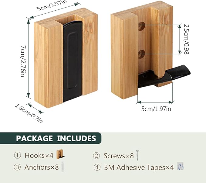 JSVER Wooden Wall Hooks 4PCS Wall Mounted Wall Hooks, Single Organizer Hook Rack, Folding Wood Wall Hangers, Wall Coat Rack Hooks for Hanging Clothes, Hats, Bags, Towels, Keys