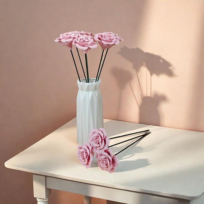 Handmade Porcelain 3D Ceramic Rose Flower, Eternal Flower Decoration for Home Office Decor, Creative Desktop vases, Porcelain Decorations, Set of 9 (Pink)