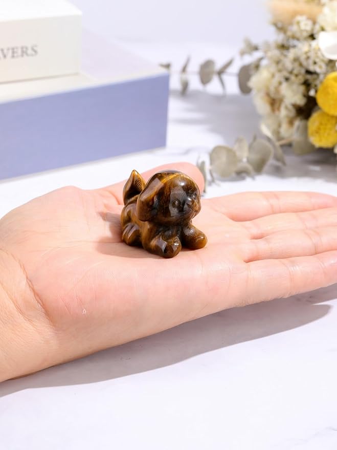Jovivi Natural Tiger Eye Crystal Lying Dog Statue Home Decor Carved Mini Gemstone Puppy Dog Figurines Pocket Sculpture Reiki Healing Stones Decorative Ornament Gift