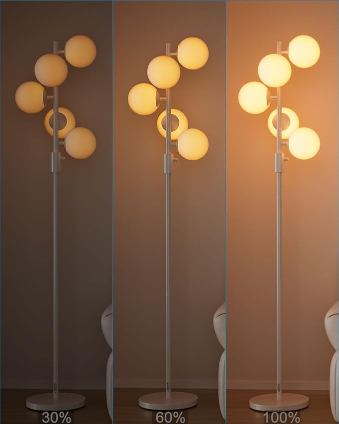 ACOHOOK 64IN Dimmable White Floor Lamp, Tall Standing Lamps with 5 Globe Soft Warm White Eye Care 3000K G9 Bulbs, Mid Century Modern Floor Lamp for Living Room Bedroom Office