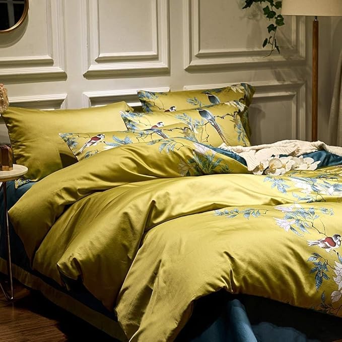Birds Floral Duvet Cover Set Full Size Flower Bird Pattern Boho Duvet Cover Cotton Vintage Floral Bedding Set Garden Style Gold Yellow Comforter Cover Farmhouse Bedding Cover with 2 Pillowcases