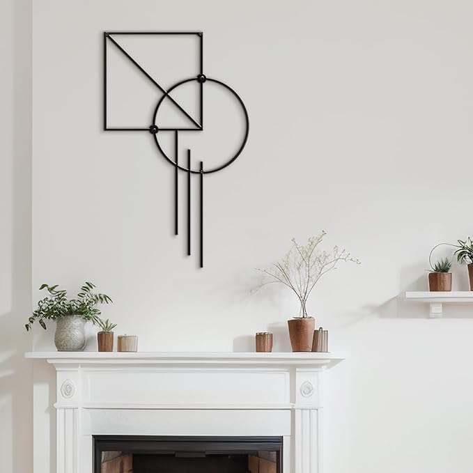 SIGNLEADER Metal Wall Decor Rectangle Circle Linear Minimalist Modern Luxury Wall Sculpture Hangings 3D Statue Home Decoration for Living Room, Bedroom, Bathroom, Kitchen, Fireplace, Office - 24" Black