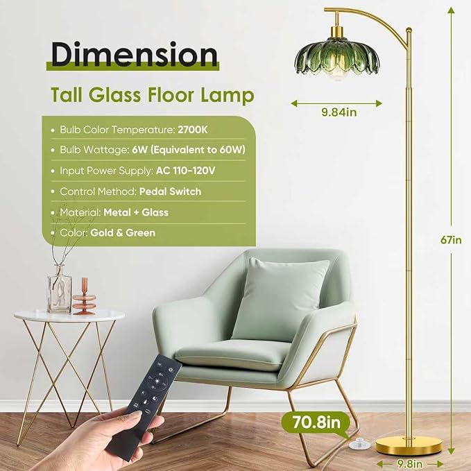 gernehop Gold Floor Lamp for Living Room with Remote Control,Unique Vintage Standing Tall Lamp,Mid Century Modern Floor Lamps Arc Green Glass Floor Lamps for Office Corner