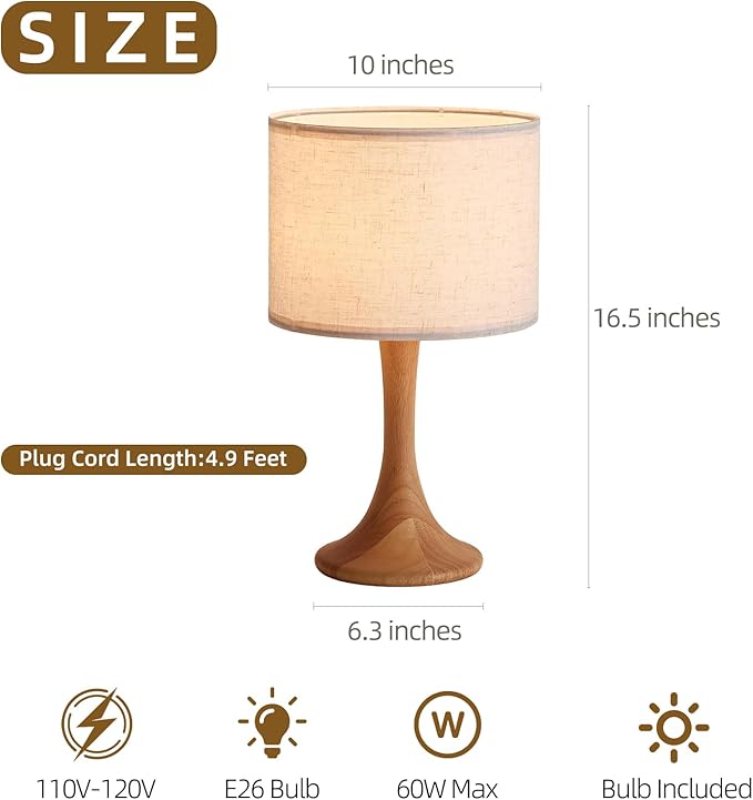 Bedside Table Lamp for Bedroom, Nordic Plug in Fabric Shade & Solid Wood Base Desk Lamp, Plug & Play Yellow Wood Color Nightstand Lamp for Living Room, Office, Switch Power Cord 【Bulb Not Included】