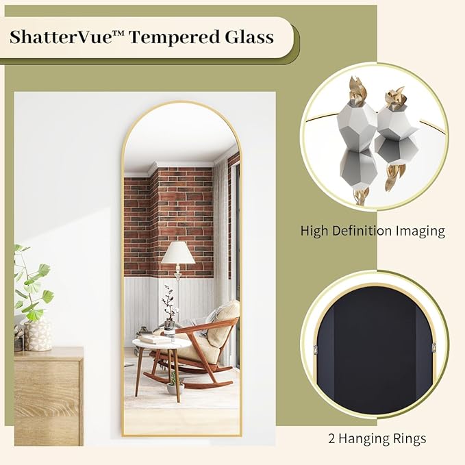 BEAUTYPEAK 64"x21" Full Length Mirror, Arch Full Body Floor Mirror, Wall Mirrors Hanging or Leaning Arched-Top with Stand for Bedroom, Dressing Room, Living Room, Gold