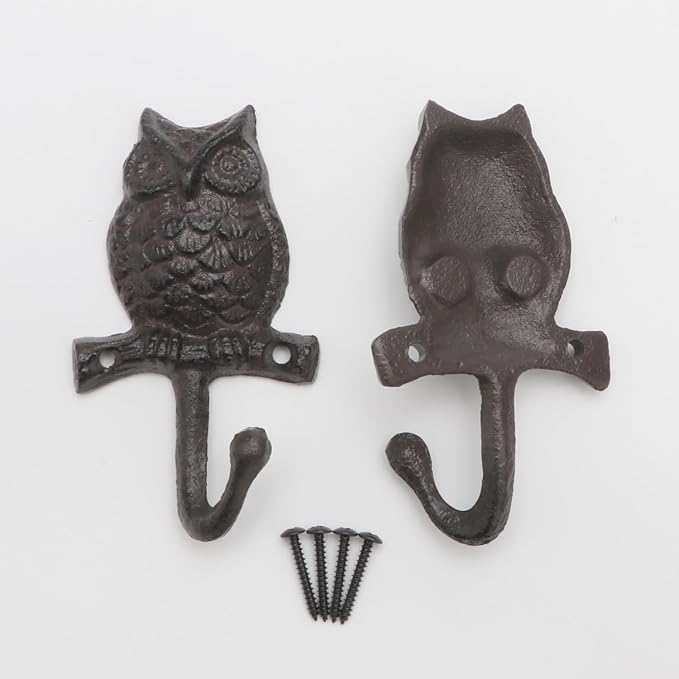 Cast Iron Owl Wall Hooks Rustic Outdoor Towel Hooks Home Hang Clothes Hats Animal Key Holder for Wall Indoor Farmhouse Decorative Hooks 2 Pcs (Owl)