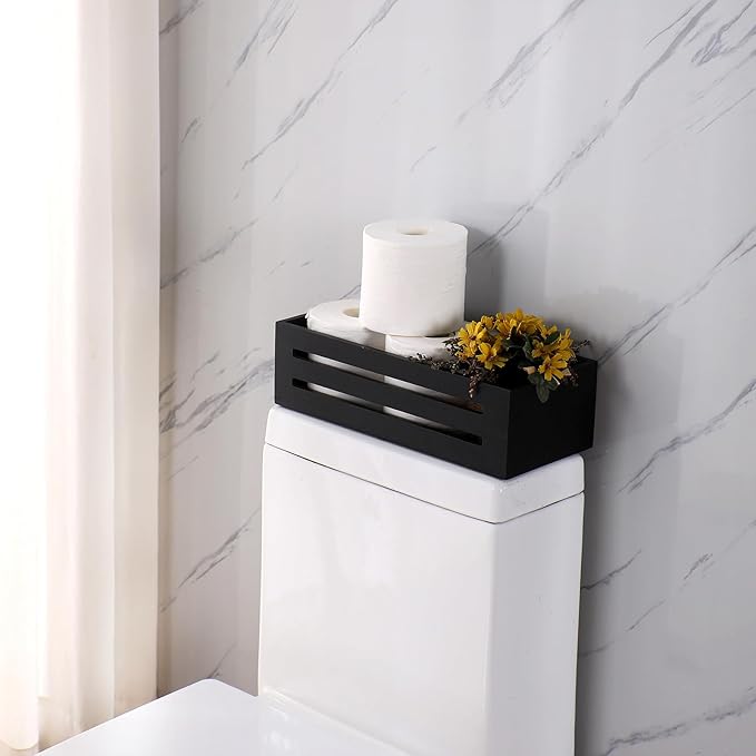 Bathroom Decor Box,Wooden Toilet Tank Topper Basket Tray,Back of Toilet Basket for Paper Storage Bathroom Counter Organizer (Black, Hollowed-Out 15*6.1*3in)