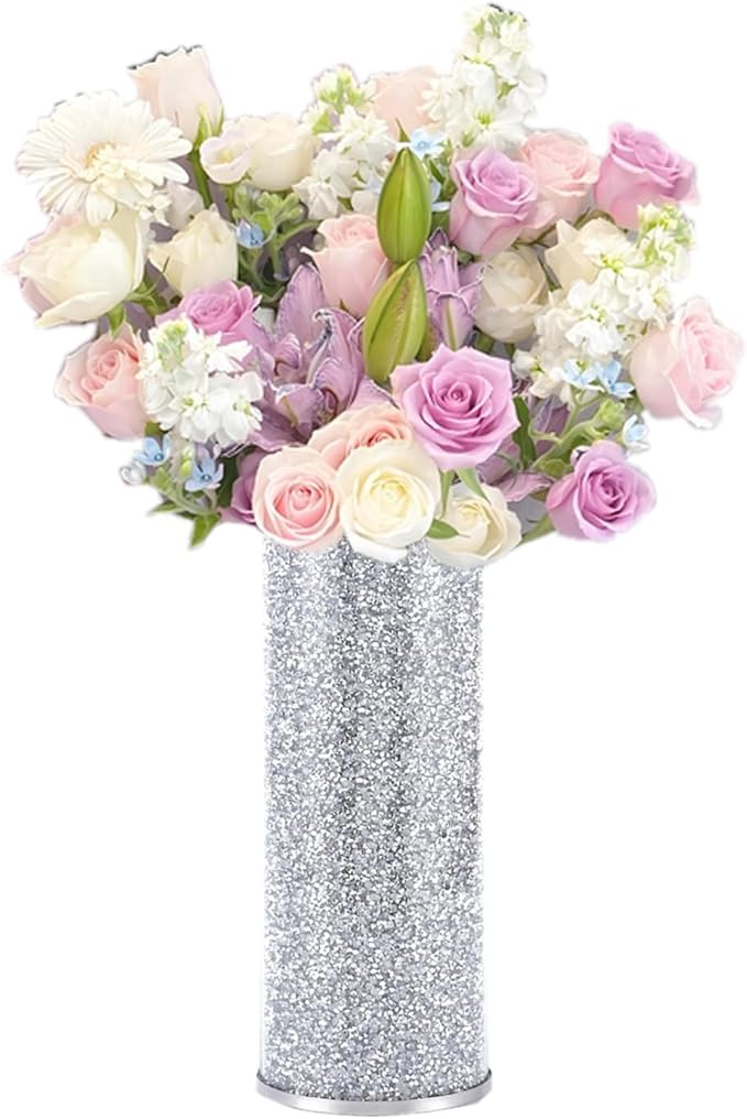 Silver Glass Vase for Flowers, Large 10in Crushed Diamond Vase, Luxurious Fresh Flower Vase for Home Decor, Bedroom, Living Room, Office, Wedding, Party, Dining Table