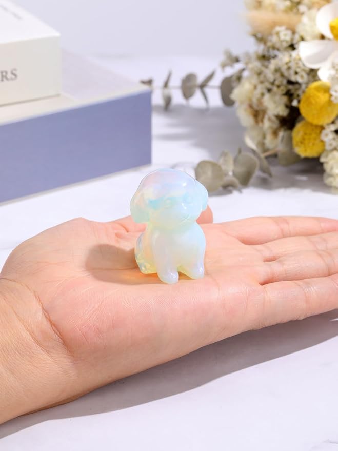 Jovivi Opalite Crystal Sitting Dog Statue Home Decor 1.6" Carved Gemstone Puppy Dog Figurines Pocket Sculpture Reiki Healing Stones Decorative Ornament Gift
