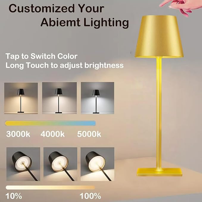 2 Pack Gold Cordless Table Lamps-6000mAh Rechargeable Lamps,Led Tabletop Lighting Outdoor Table Lights for Outside Patio/Restaurant/Dining Table/Kitchen Countertop/Home,Gold Desk Lamp