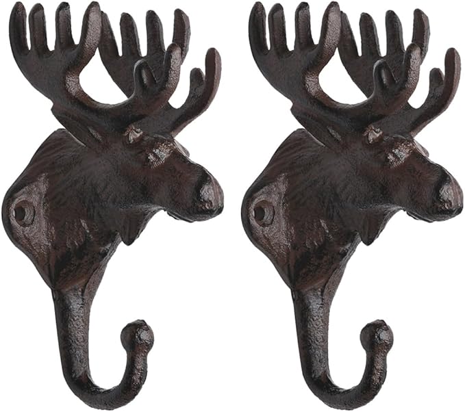 BRASSTAR Vintage 2PCS Cast Iron Deer Head Antlers Wall Hooks/Hanger - Living Room Bathroom Room Kitchen Wall Decoration Coat Hooks Rustic PTZY226-02