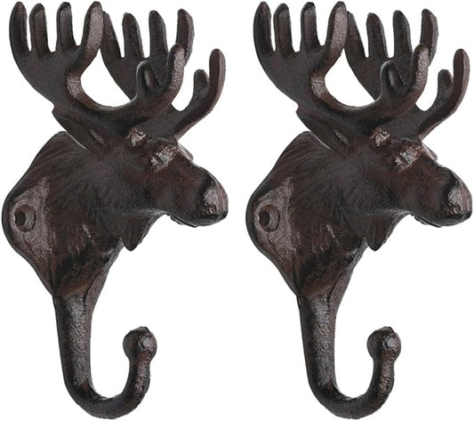 BRASSTAR Vintage 2PCS Cast Iron Deer Head Antlers Wall Hooks/Hanger - Living Room Bathroom Room Kitchen Wall Decoration Coat Hooks Rustic PTZY226-02