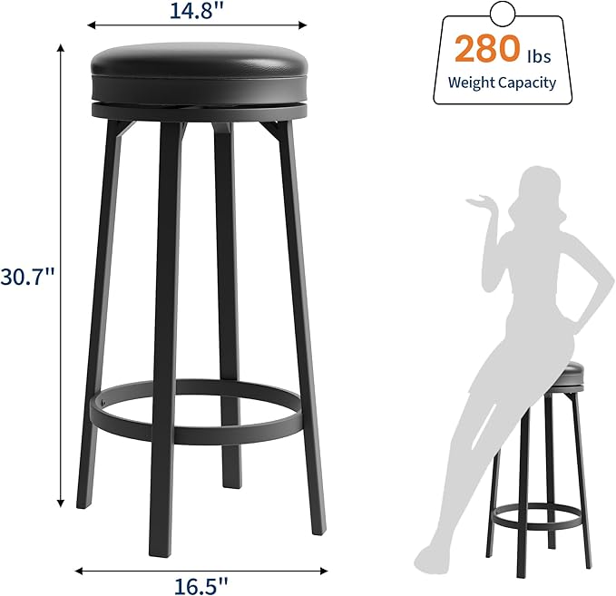 IDEALHOUSE 30'' Swivel Bar Stools Set of 2 with Footrest, Modern Counter Height Barstools with PU Leather Upholstered and Metal Frame, Backless Round Bar Stools for Kitchen Island, Black