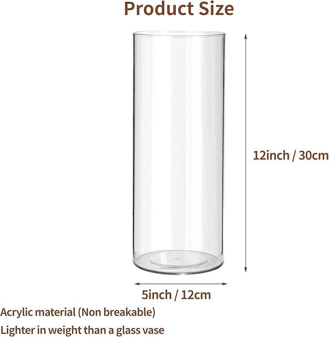 Clear Flower Vase, Non-breakable Vases, 5" W x 12" H, Acrylic Vase, Aesthetic Room Decor Cylindrical Modern Flower Vases for Table Centerpiece, Home Decor, Women Floral Arrangement Gift