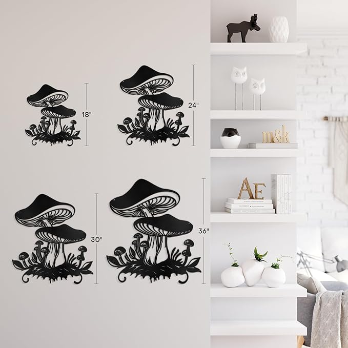 SIGNLEADER Metal Wall Art Decor Mushroom Cottagecore Modern Abstract Wall Sculpture Hangings Home Decoration for Living Room, Bedroom, Bathroom, Kitchen, Outdoor - 18" Black