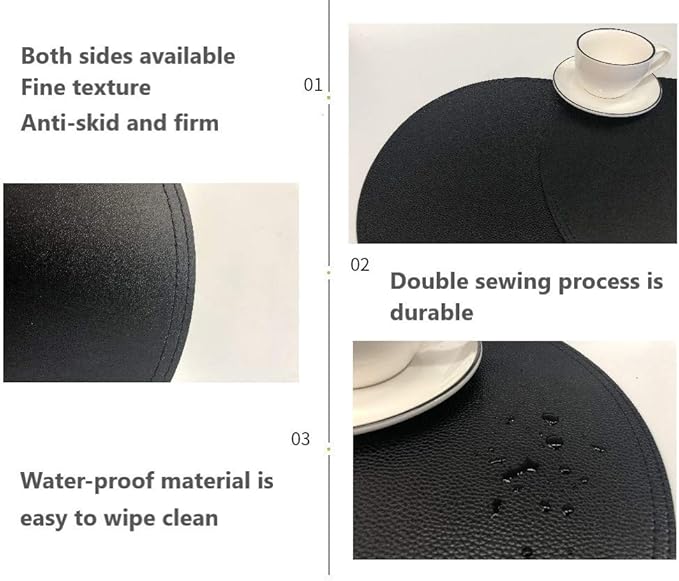 Faux Leather Round Placemats and Coasters, Disko Table Mats and Drink Spills Coasters, Easy to Clean, Double Stitched for Kitchen Dining Table, Diameter 13''and 3.9''