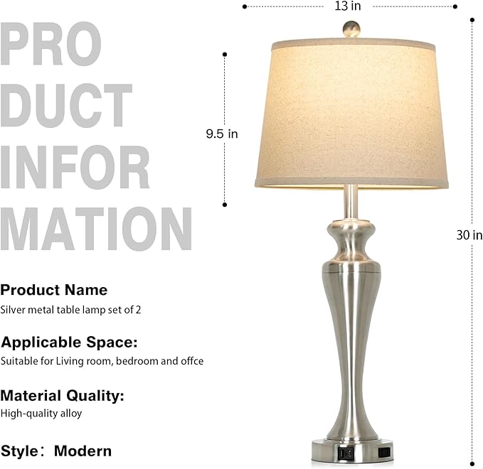 30" Table Lamps Set of 2, 3-Way Dimmable Touch Bedside Lamp with USB A+C Ports and AC Outlet, Tall Living Room Lamps for Side Table, Modern Brushed Nickel Bedroom Lamp for Nightstand, Silver